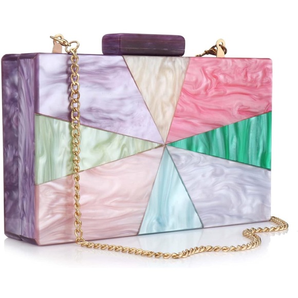 Handbags - Glamorous Colorblock Multicolor Resin Reflective Turnlock Clutch Box Purse New